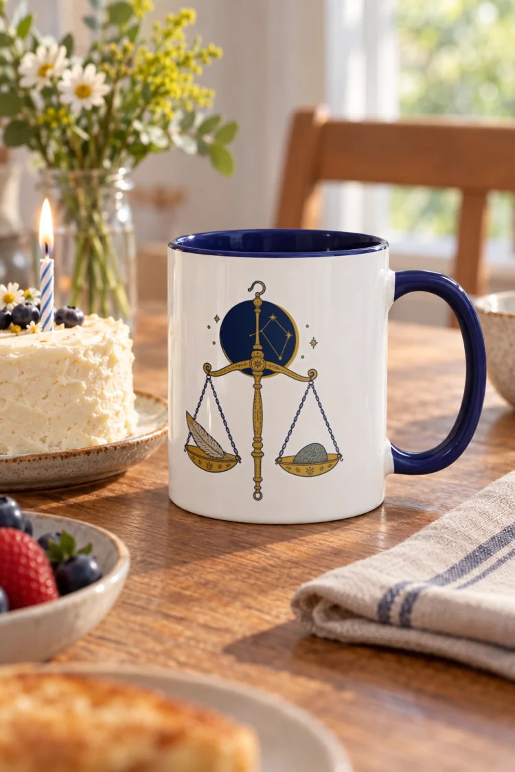 AI-generated image of the Born Under Libra Mug in Dark Blue inside in a styled setting.