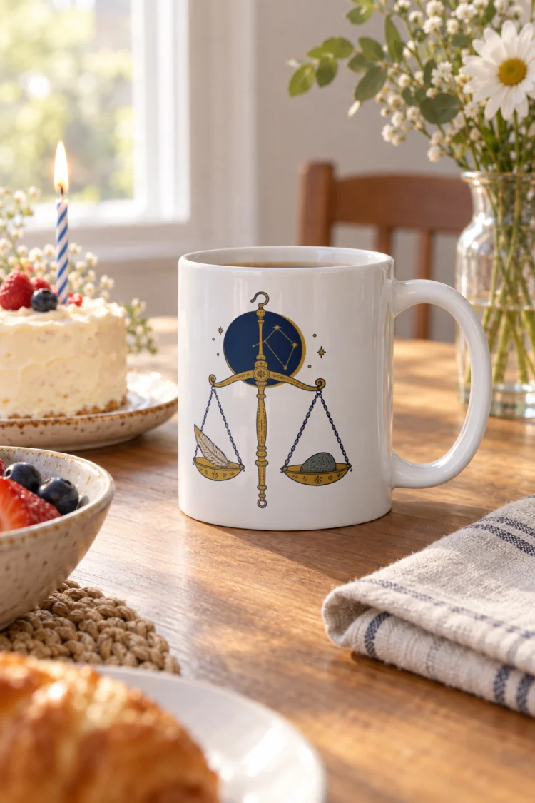 AI-generated image of the Born Under Libra Mug in White in a styled setting.
