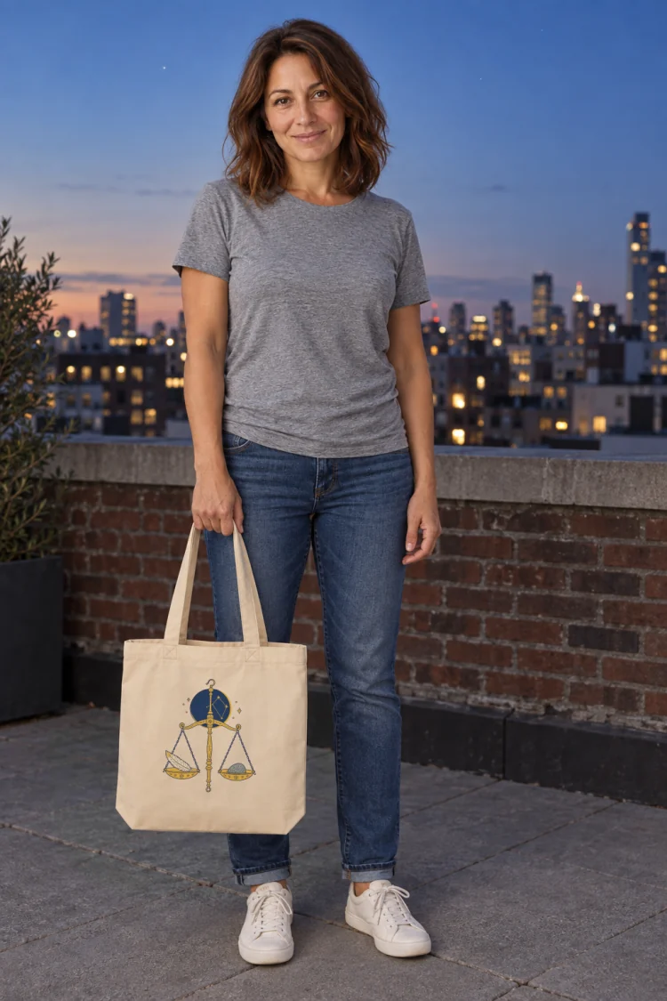 AI-generated image of a fictional model carrying the Born Under Libra Tote in Oyster.