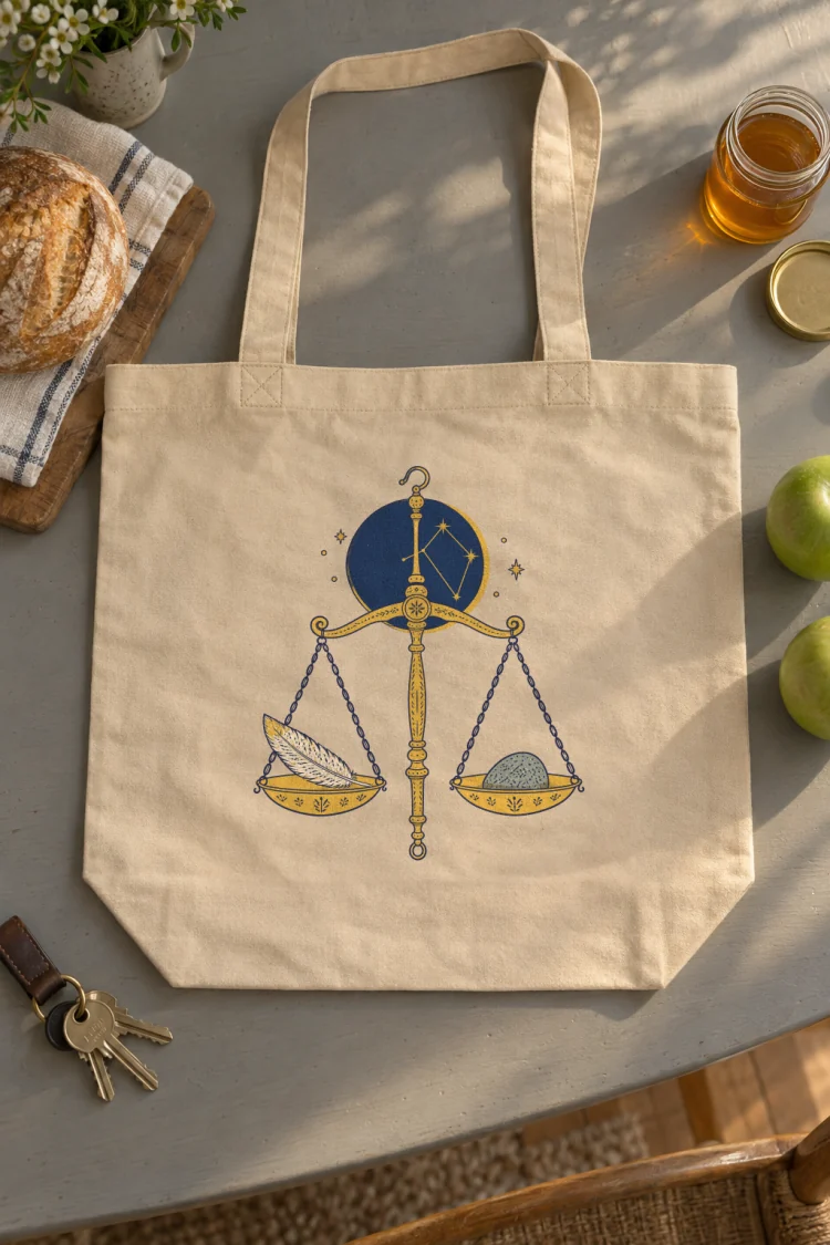 AI-generated image of the Born Under Libra Tote in Oyster on a table with everyday things around it.