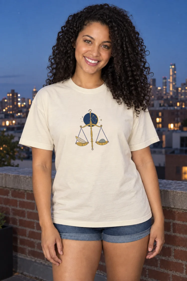 AI-generated image of a fictional model wearing the Born Under Libra Tee in Ivory, size L, at 5′6″ tall.