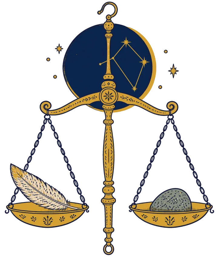 Print artwork: a hanging gold balance scale with a feather in one pan and a grey stone in the other, set against a navy circle of night sky with a constellation drawn in it.