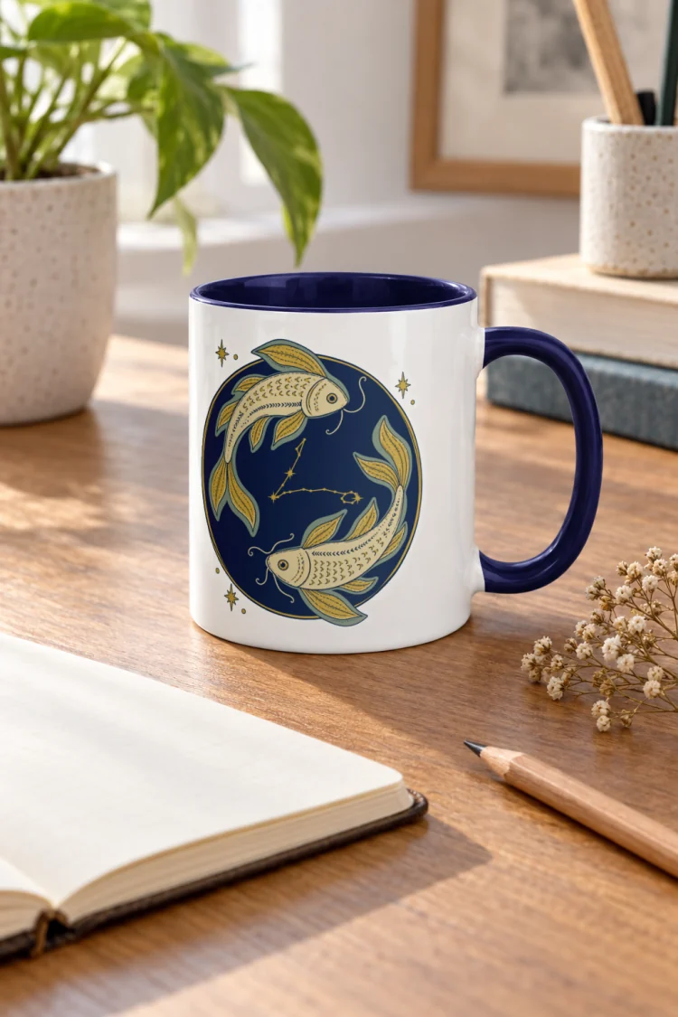 AI-generated image of the Born Under Pisces Mug in Dark Blue inside in a styled setting.