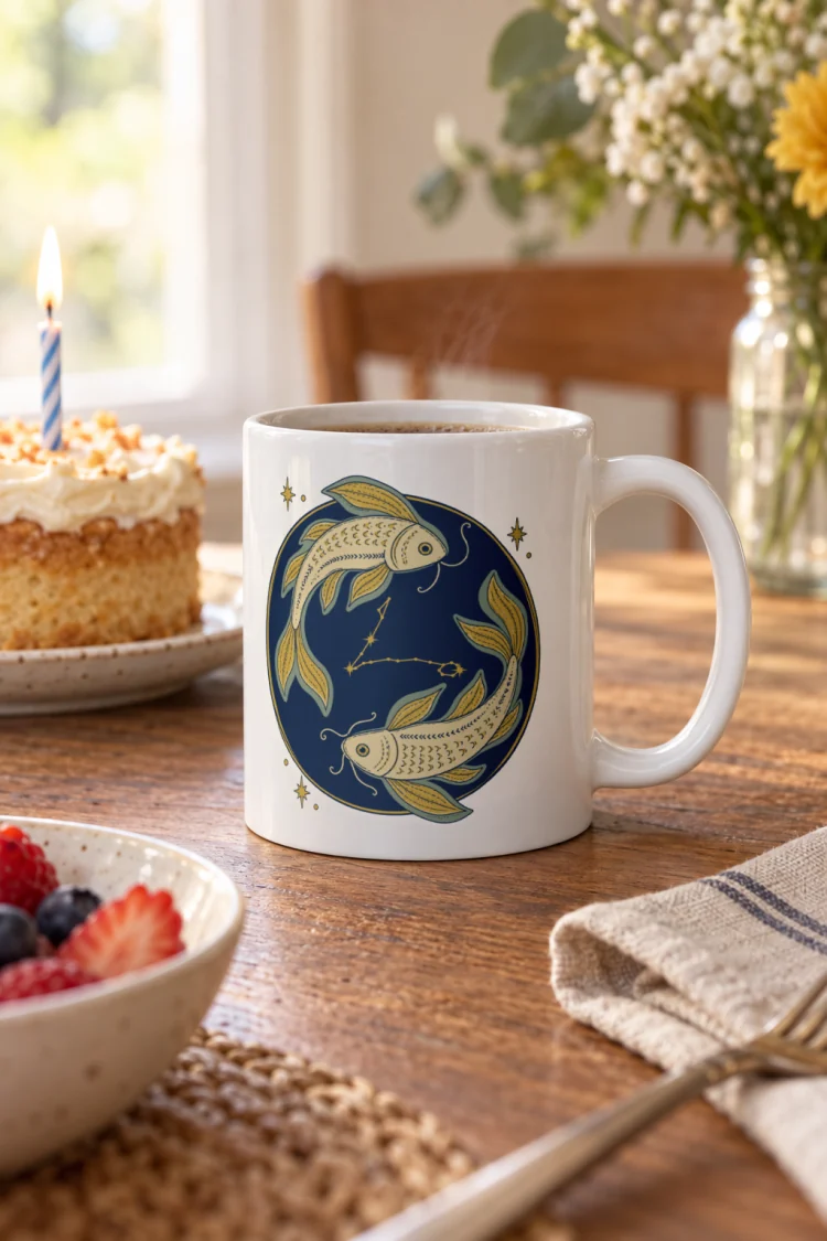 AI-generated image of the Born Under Pisces Mug in White in a styled setting.