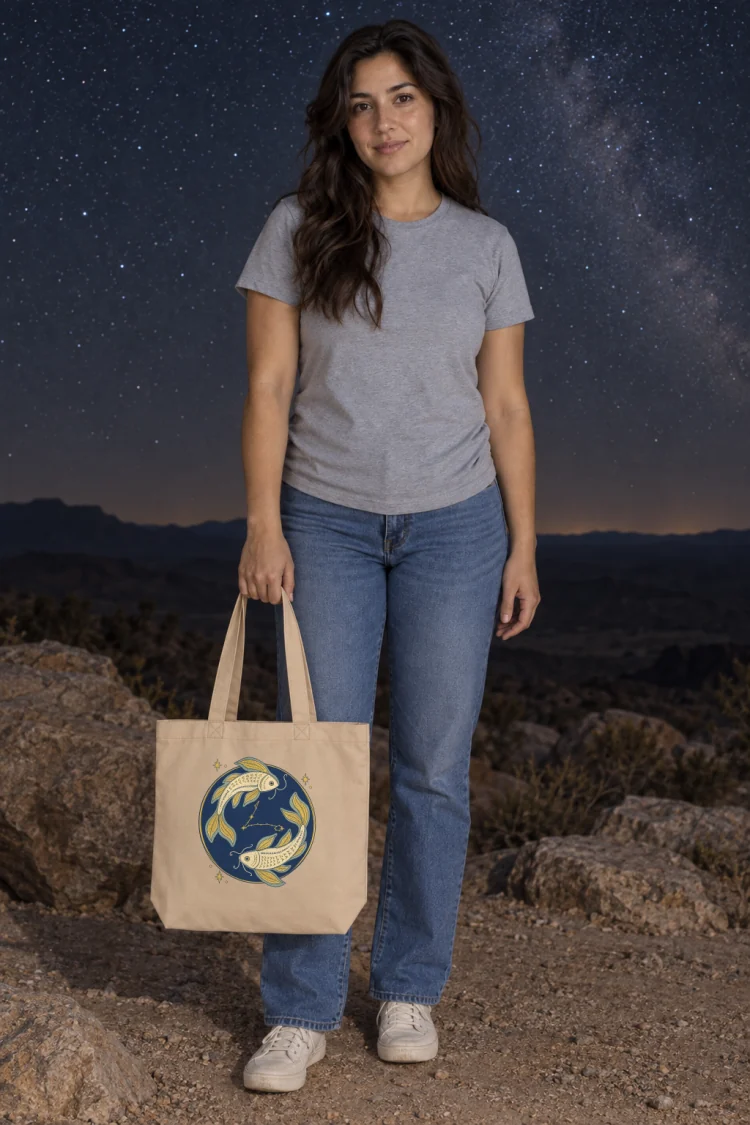 AI-generated image of a fictional model carrying the Born Under Pisces Tote in Oyster.