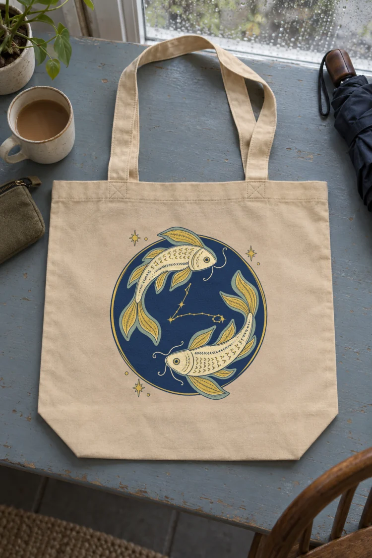 AI-generated image of the Born Under Pisces Tote in Oyster on a table with everyday things around it.
