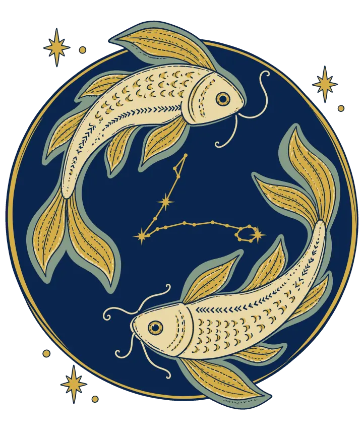 Print artwork: two cream and gold fish swimming head to tail in a circle around a navy disc of night sky with a constellation drawn in the middle.