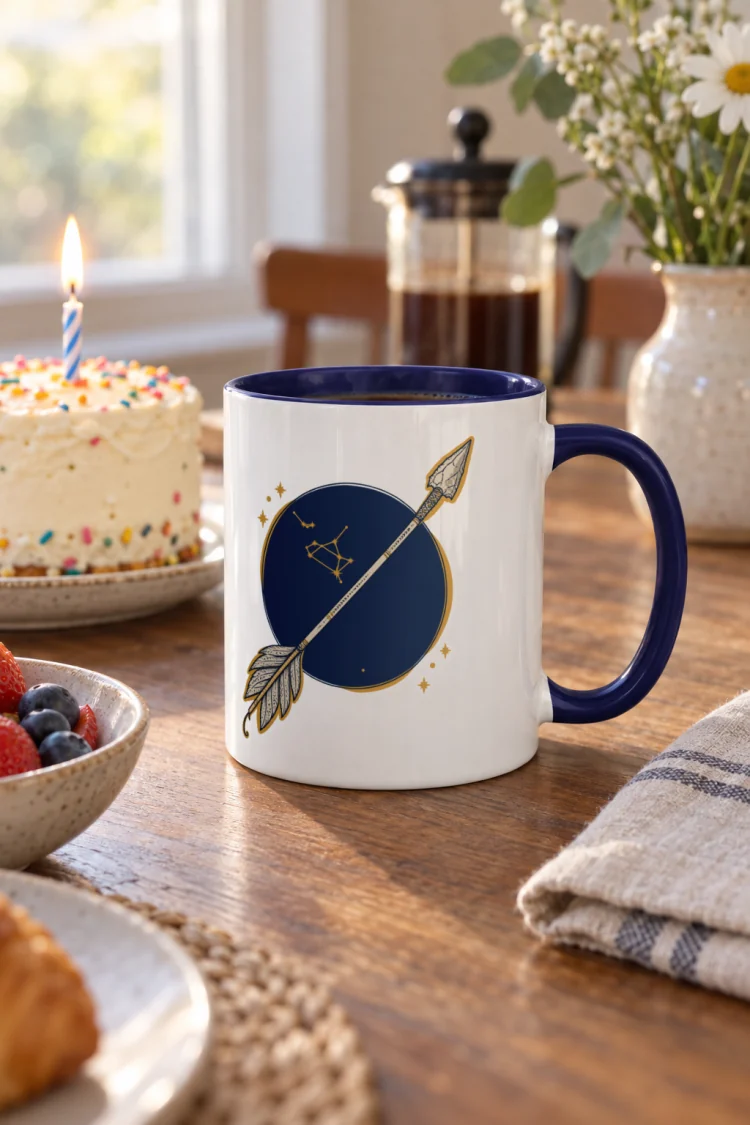 AI-generated image of the Born Under Sagittarius Mug in Dark Blue inside in a styled setting.
