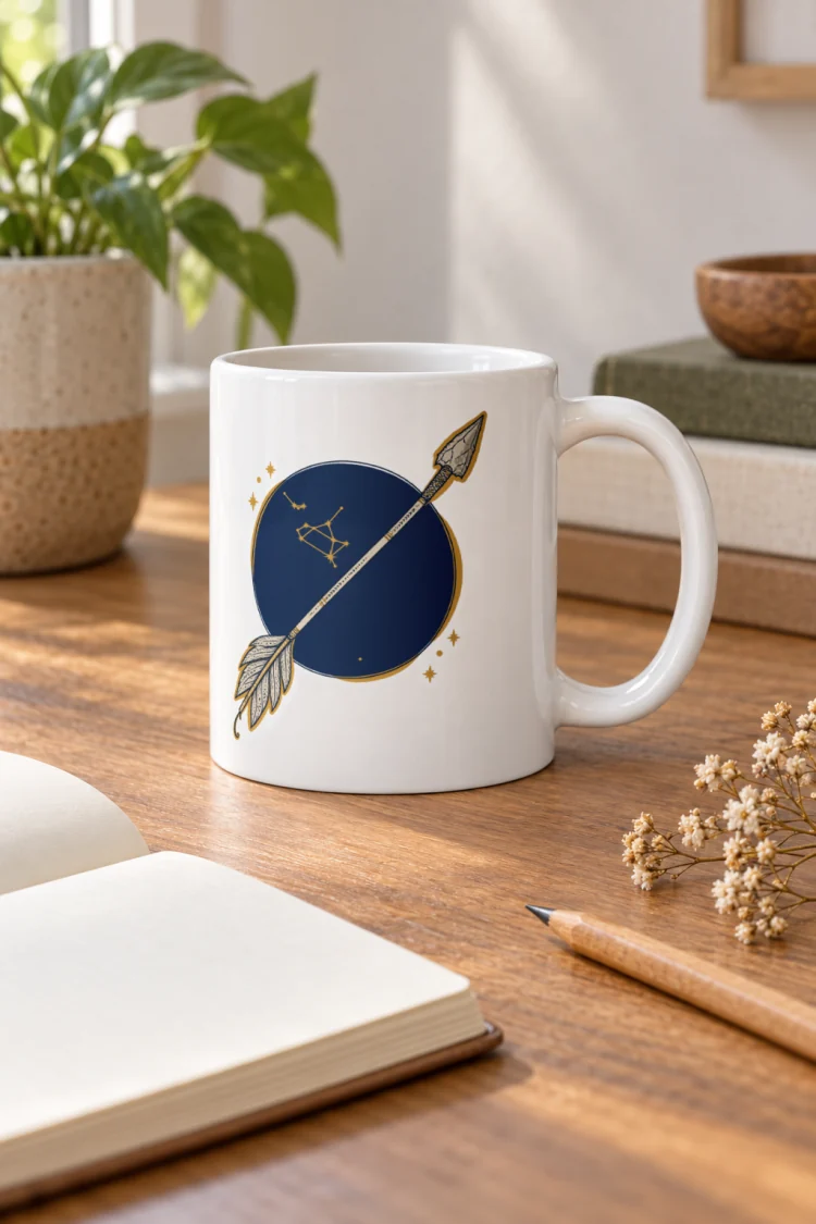 AI-generated image of the Born Under Sagittarius Mug in White in a styled setting.