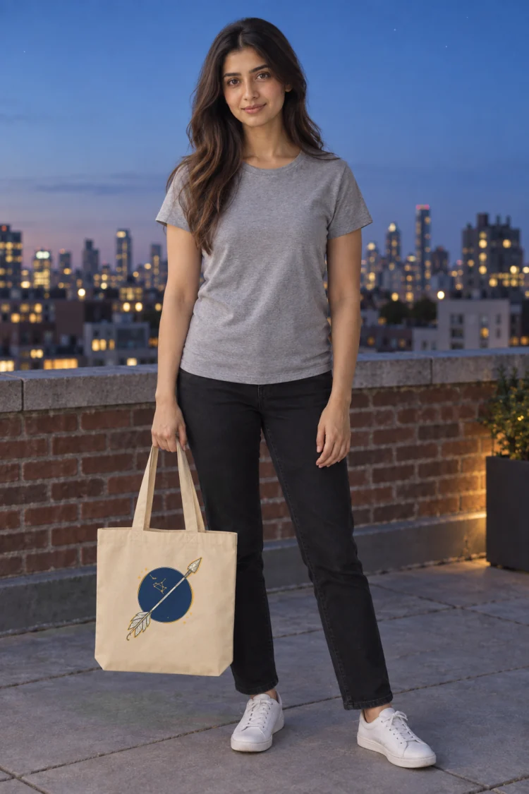 AI-generated image of a fictional model carrying the Born Under Sagittarius Tote in Oyster.