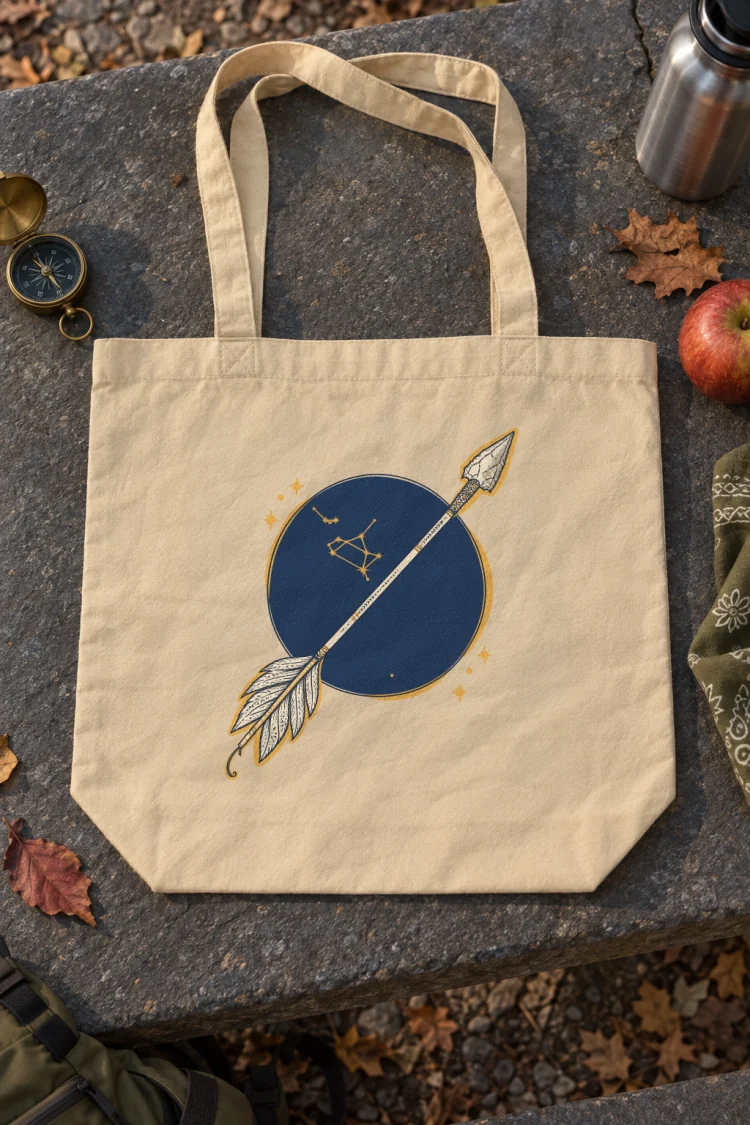 AI-generated image of the Born Under Sagittarius Tote in Oyster on a table with everyday things around it.