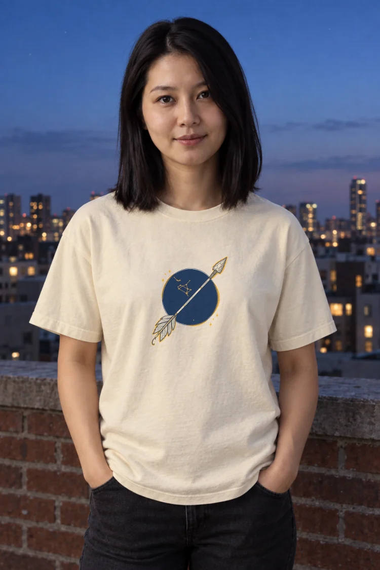 AI-generated image of a fictional model wearing the Born Under Sagittarius Tee in Ivory, size M, at 5′3″ tall.