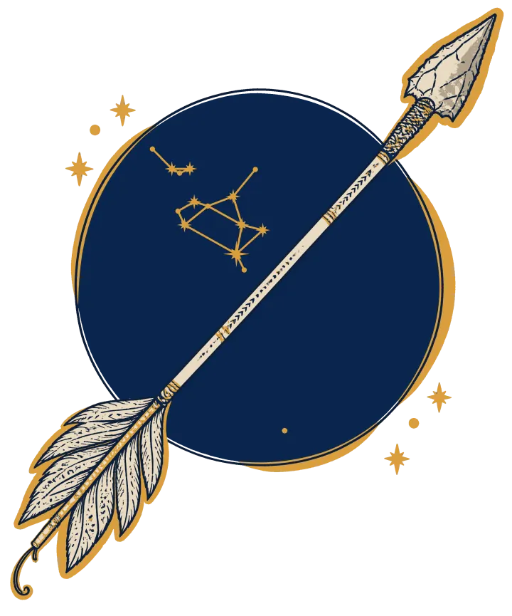 Print artwork: one long arrow with a stone tip and grey feathered fletching flying diagonally across a navy circle of night sky with a constellation drawn in it.