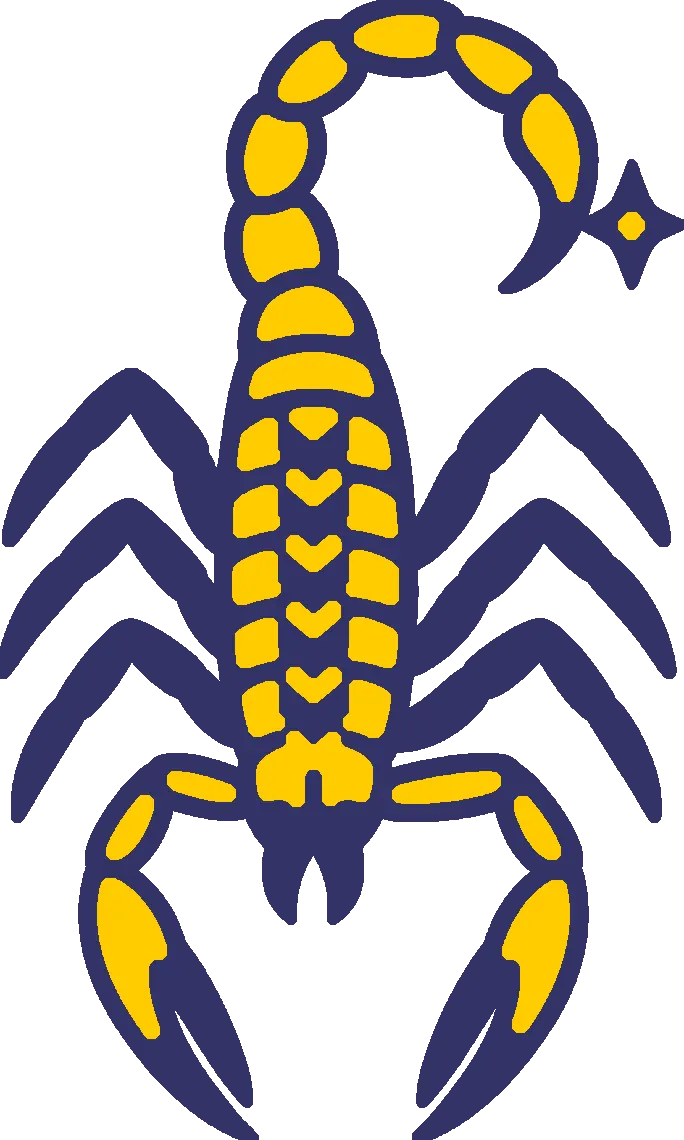 Embroidery artwork: a scorpion seen from above, stitched in navy and gold thread: a gold body and tail in segments marked with navy chevrons, navy legs, gold pincers, and a small star at the tip of its curled tail.