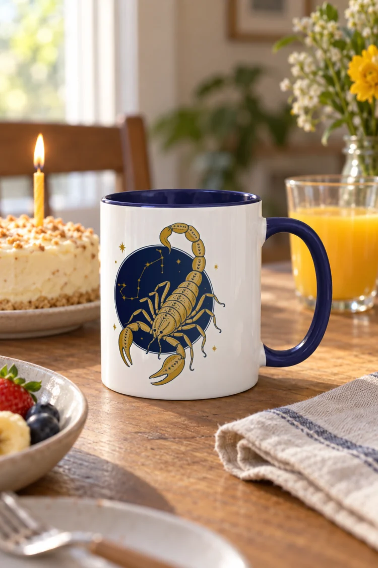 AI-generated image of the Born Under Scorpio Mug in Dark Blue inside in a styled setting.