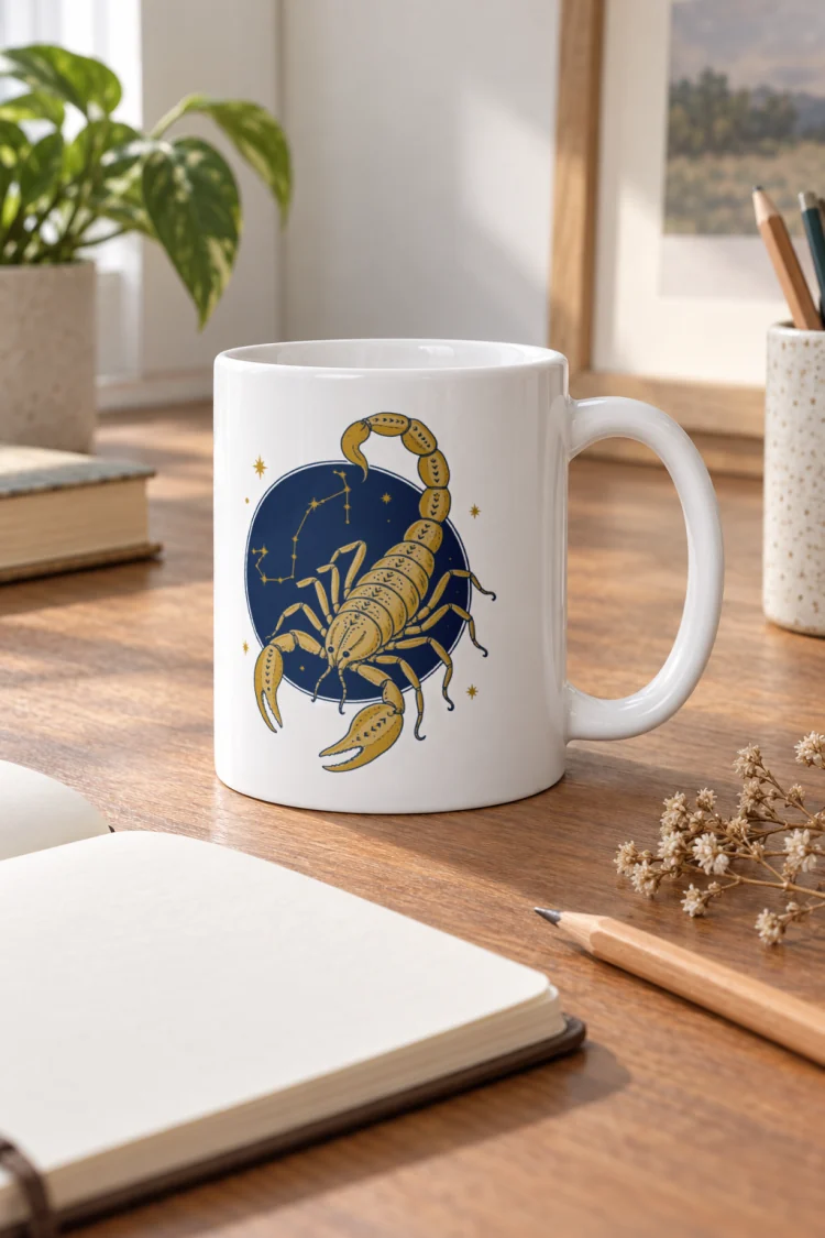 AI-generated image of the Born Under Scorpio Mug in White in a styled setting.