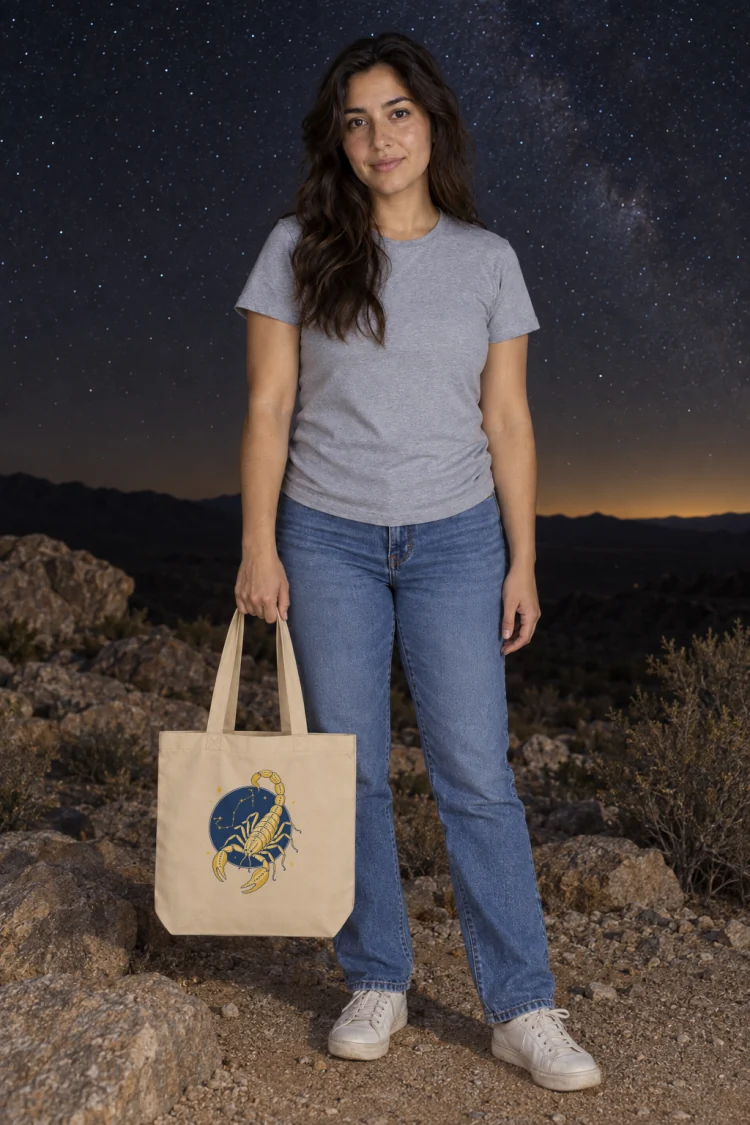 AI-generated image of a fictional model carrying the Born Under Scorpio Tote in Oyster.