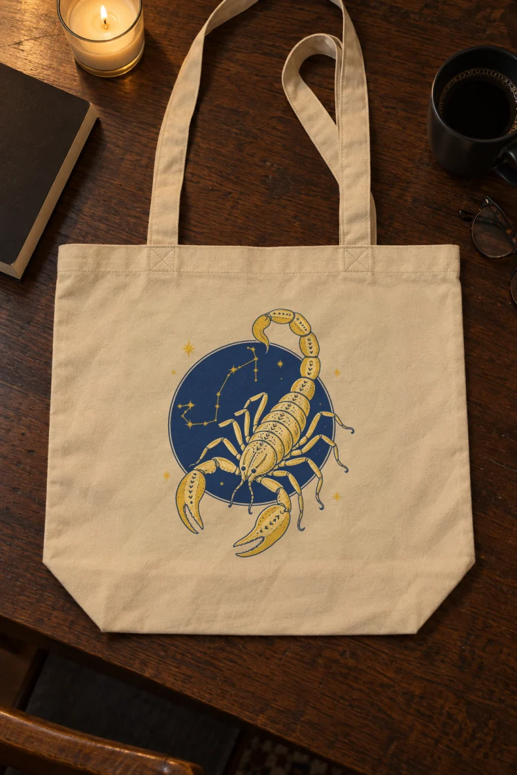 AI-generated image of the Born Under Scorpio Tote in Oyster on a table with everyday things around it.