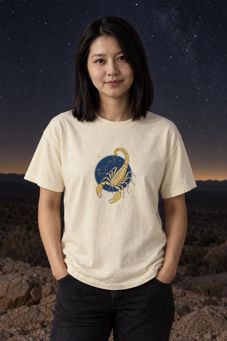 AI-generated image of a fictional model wearing the Born Under Scorpio Tee in Ivory, size M, at 5′3″ tall.