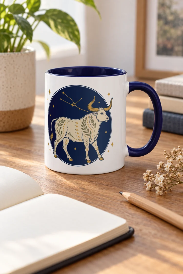 AI-generated image of the Born Under Taurus Mug in Dark Blue inside in a styled setting.