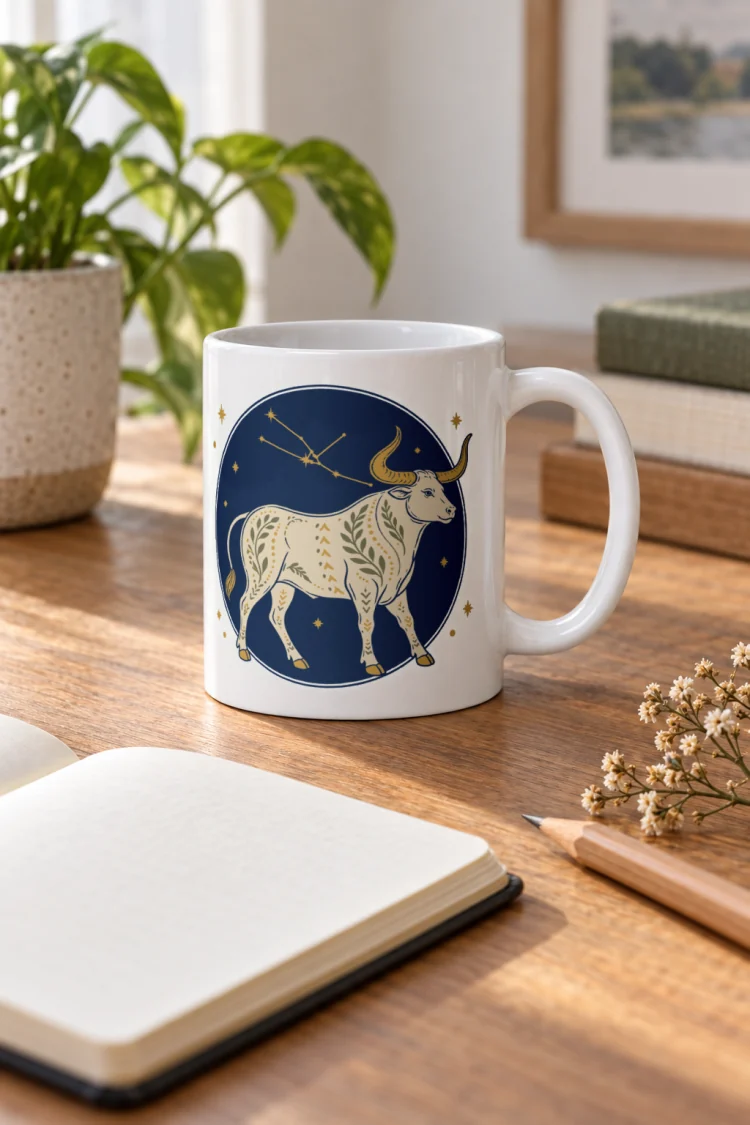 AI-generated image of the Born Under Taurus Mug in White in a styled setting.