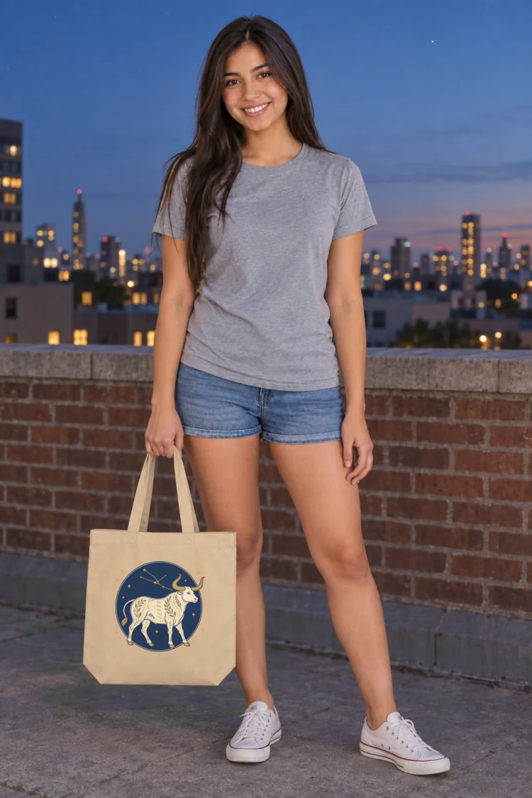 AI-generated image of a fictional model carrying the Born Under Taurus Tote in Oyster.