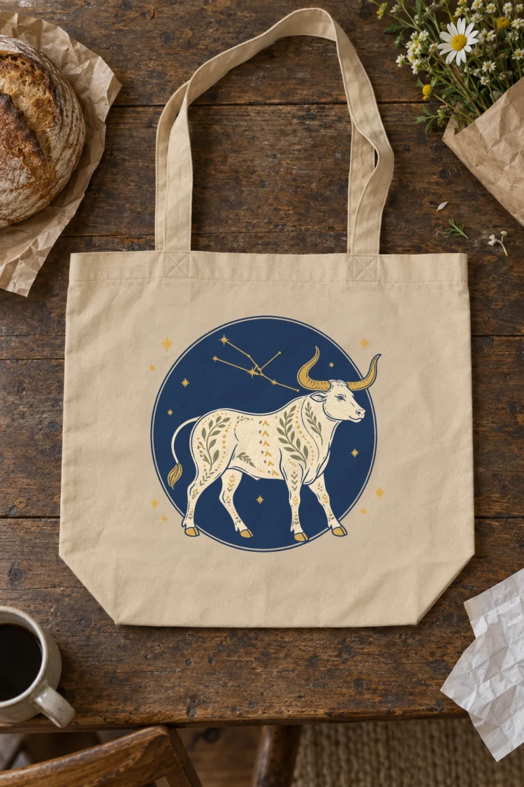 AI-generated image of the Born Under Taurus Tote in Oyster on a table with everyday things around it.