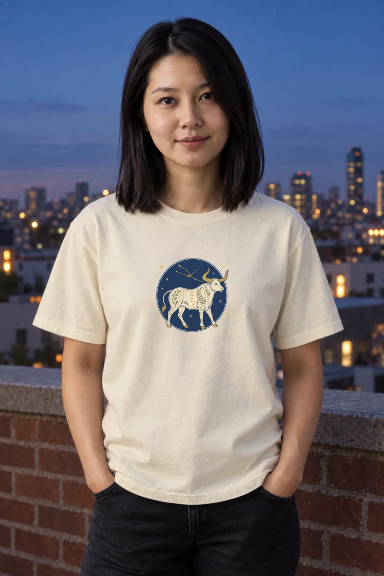 AI-generated image of a fictional model wearing the Born Under Taurus Tee in Ivory, size M, at 5′3″ tall.