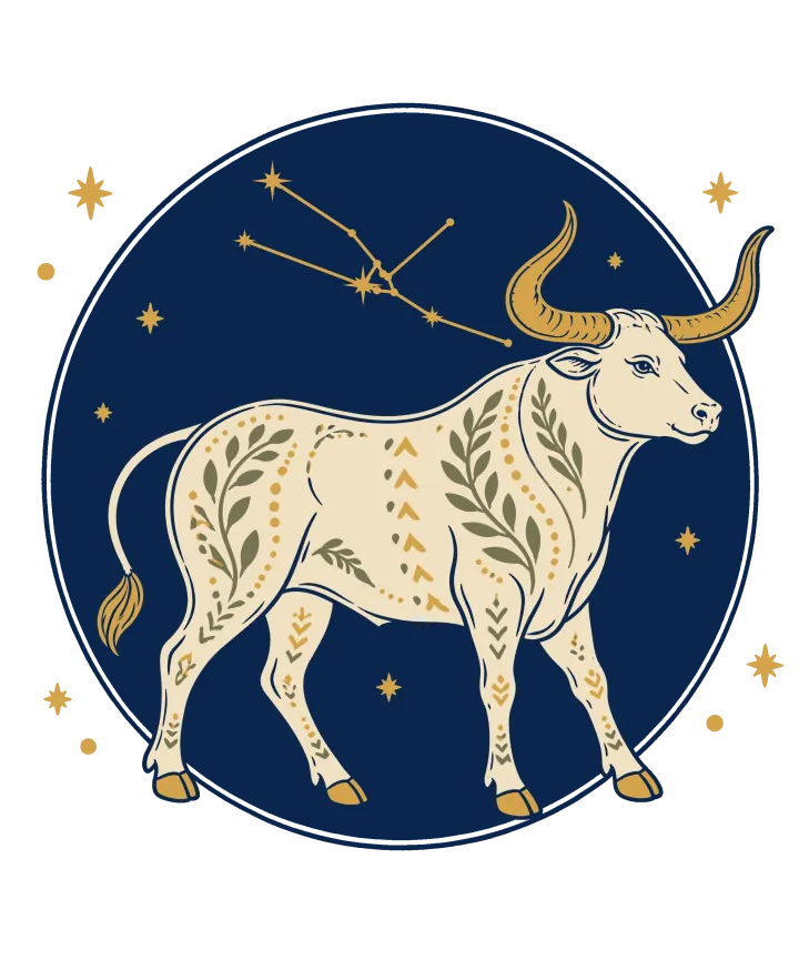 Print artwork: a cream bull walking in side profile with curved gold horns, its body covered in green leaf and gold dot patterns, inside a navy circle of night sky with a constellation drawn above it.