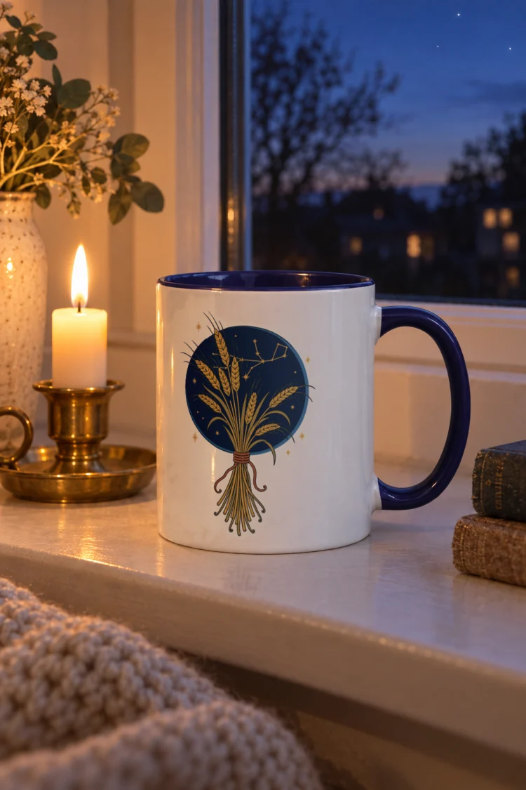 AI-generated image of the Born Under Virgo Mug in Dark Blue inside in a styled setting.