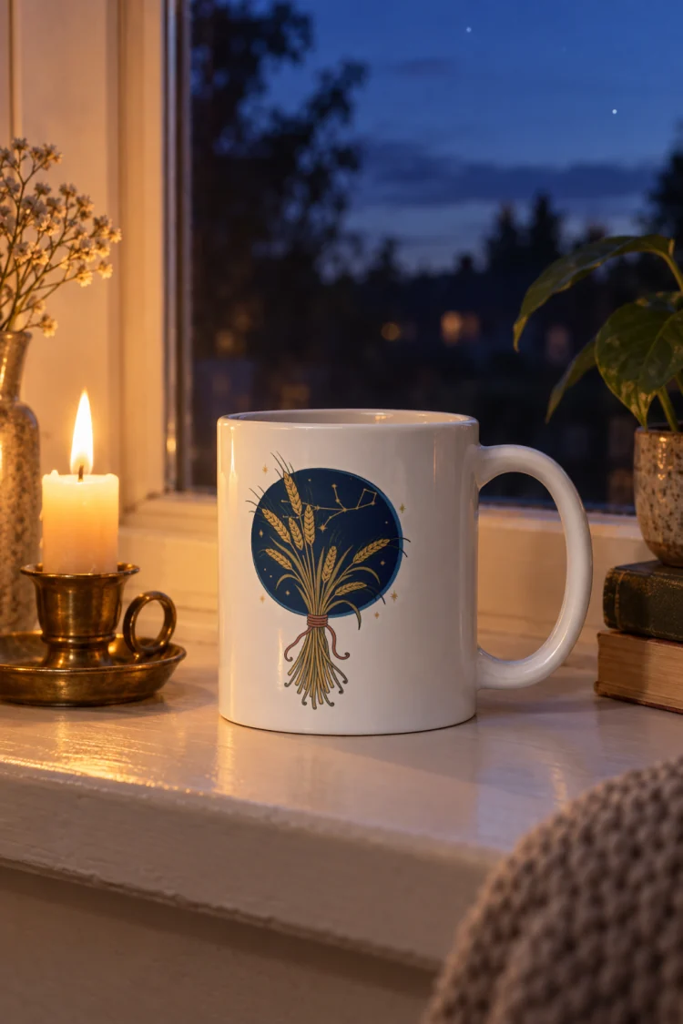 AI-generated image of the Born Under Virgo Mug in White in a styled setting.