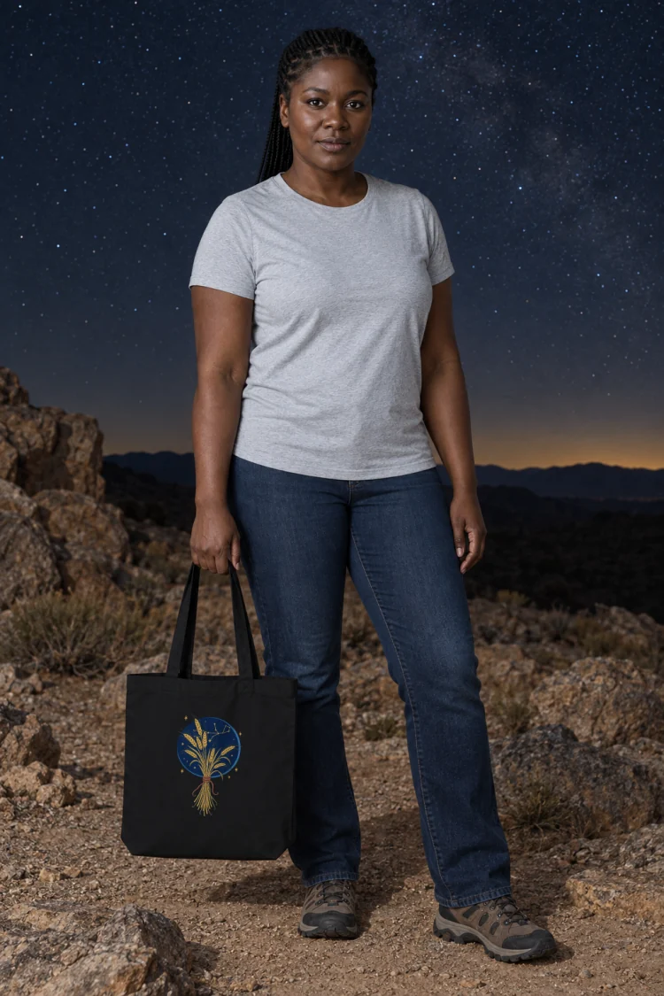 AI-generated image of a fictional model carrying the Born Under Virgo Tote in Black.