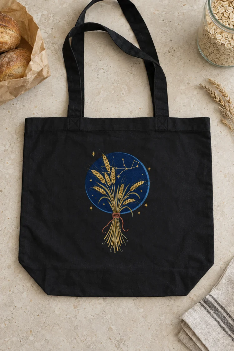 AI-generated image of the Born Under Virgo Tote in Black on a table with everyday things around it.