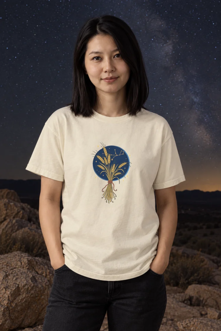 AI-generated image of a fictional model wearing the Born Under Virgo Tee in Ivory, size M, at 5′3″ tall.
