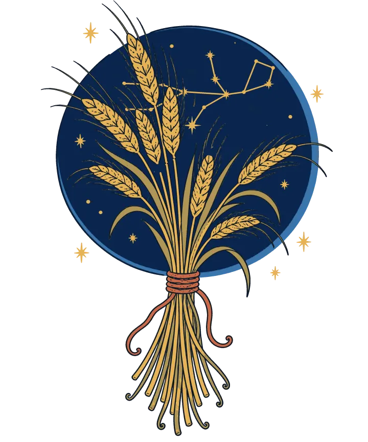 Print artwork: a sheaf of golden wheat tied with a red thread, standing in front of a navy circle of night sky with a constellation drawn across it and small gold stars around.