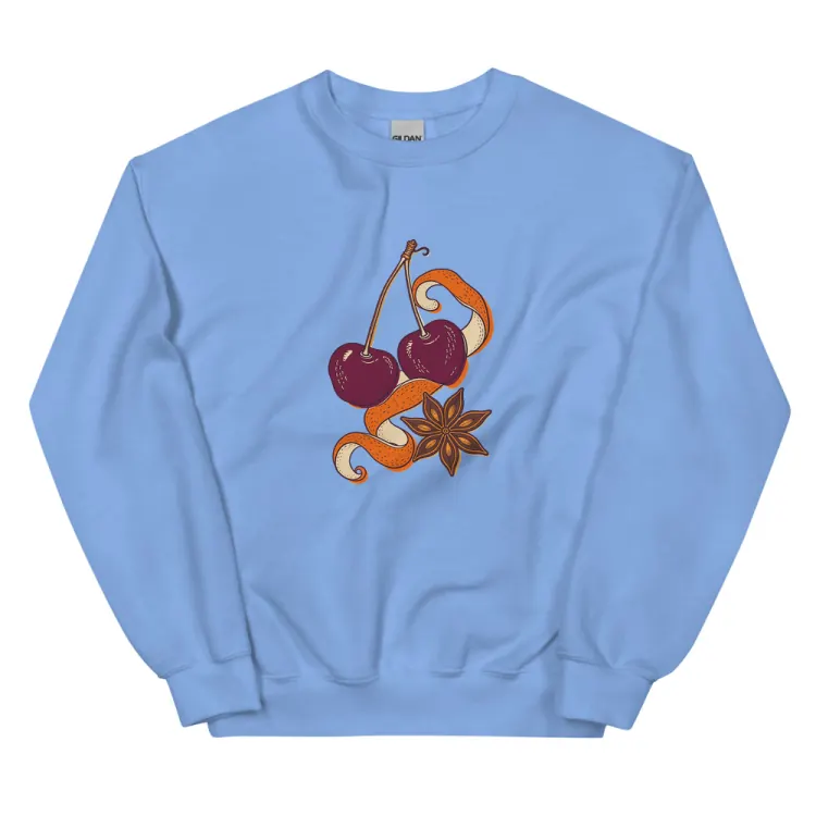 The Cherry & Orange Peel Crewneck in Carolina Blue.