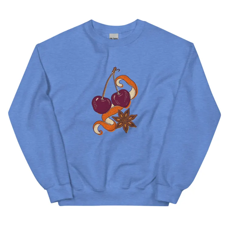 The Cherry & Orange Peel Crewneck in Heather Deep Royal.