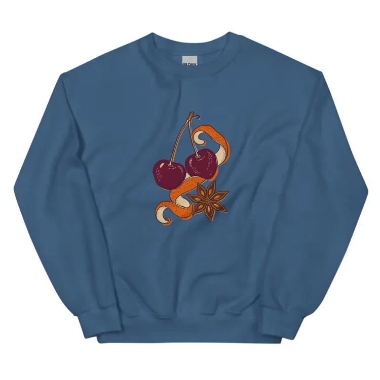 The Cherry & Orange Peel Crewneck in Indigo Blue.
