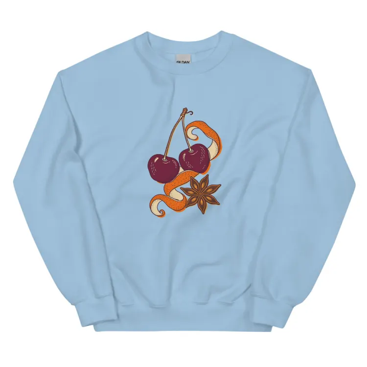 The Cherry & Orange Peel Crewneck in Light Blue.