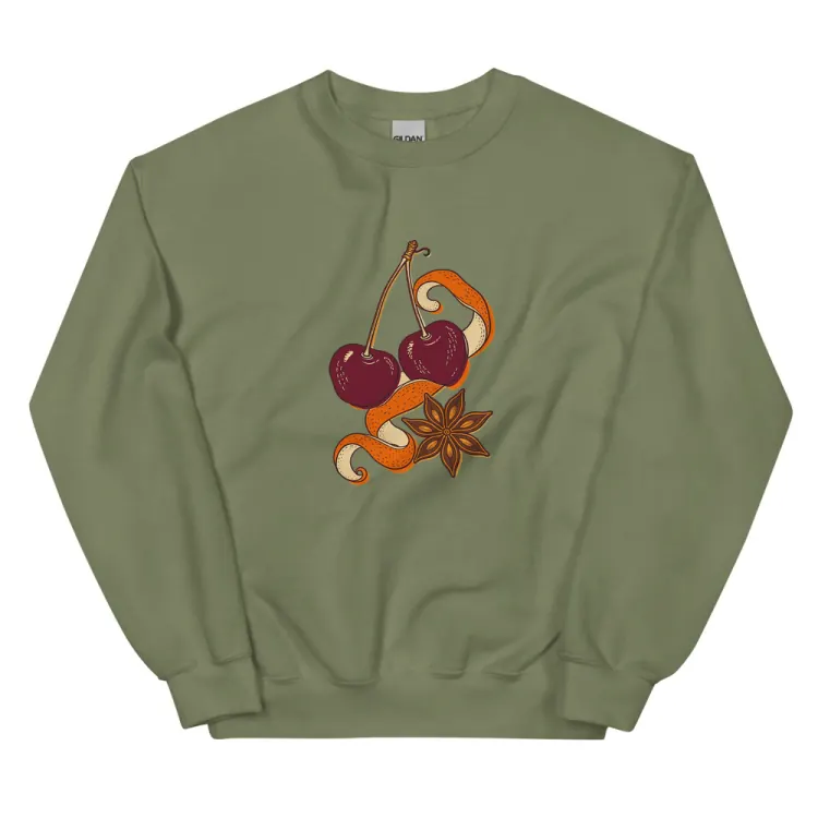 The Cherry & Orange Peel Crewneck in Military Green.