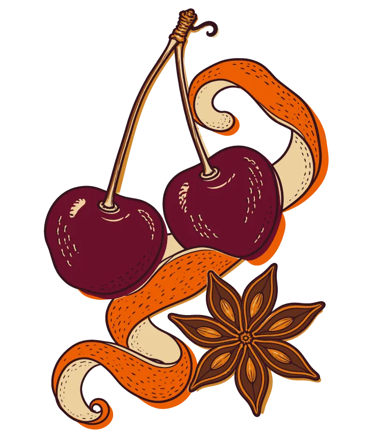 Print artwork: two dark red cherries on one stem, with a long curling twist of orange peel winding around them and a single star anise.