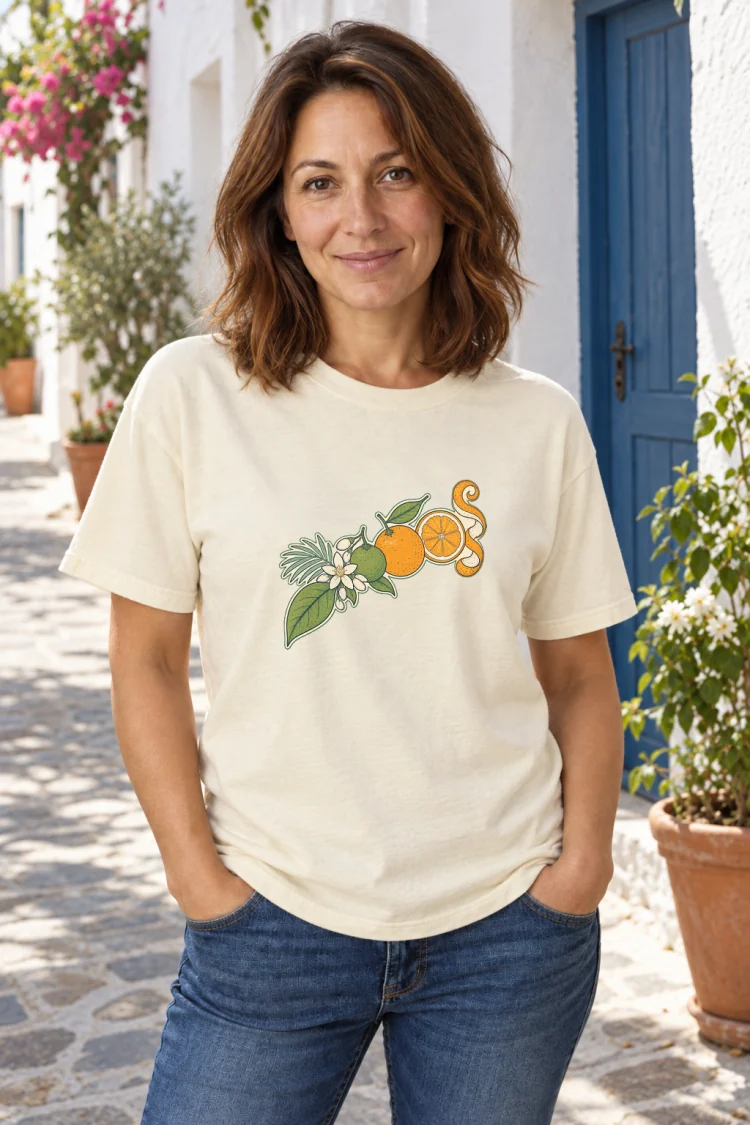 AI-generated image of a fictional model wearing the Citrus, Leaf to Peel Tee in Ivory, size M, at 5′4″ tall.