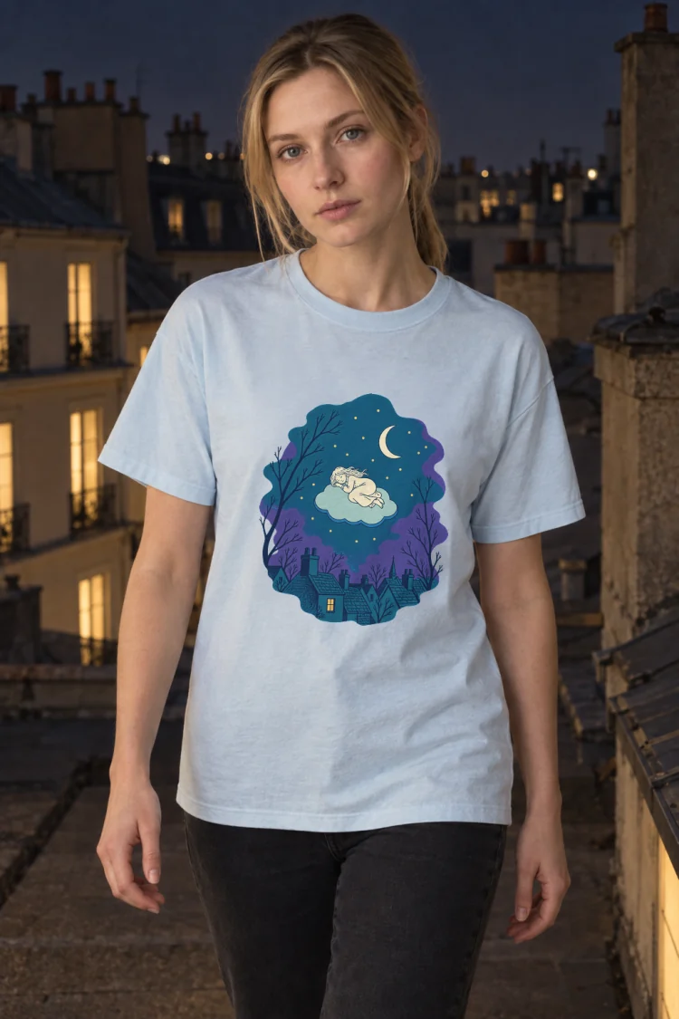 AI-generated image of a fictional model wearing the Cloud Sleepers Tee in Chambray, size S, at 5′7″ tall.