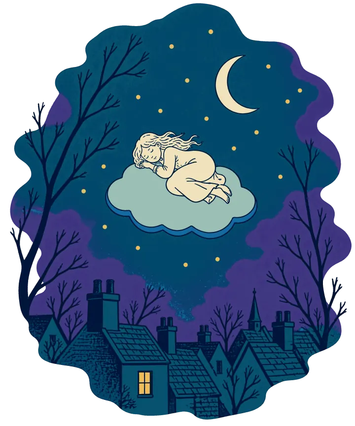 Print artwork: a small figure curled up asleep on top of a small pale cloud, floating over dark rooftops with chimneys and a church spire, bare trees on both sides, a crescent moon and stars above. One window in the houses below is lit.