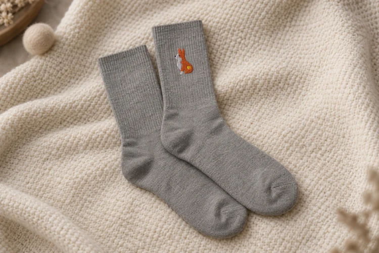 AI-generated image of the Corgi Socks in Heather Grey, folded on a table, its embroidery facing up.
