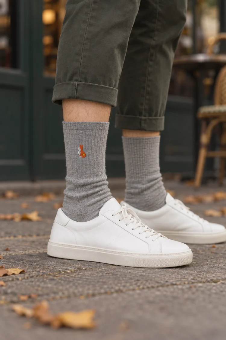 AI-generated image of the Corgi Socks in Heather Grey, worn with a café sidewalk in autumn.