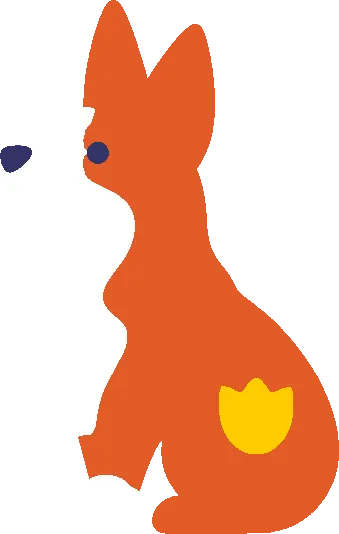 Embroidery artwork: a Pembroke Welsh corgi sitting upright in side profile, facing left, with tall pointed ears, an orange coat, a white muzzle, chest and front paw, a navy eye and nose, and a small gold tulip on its haunch, in flat solid colour with no outline.