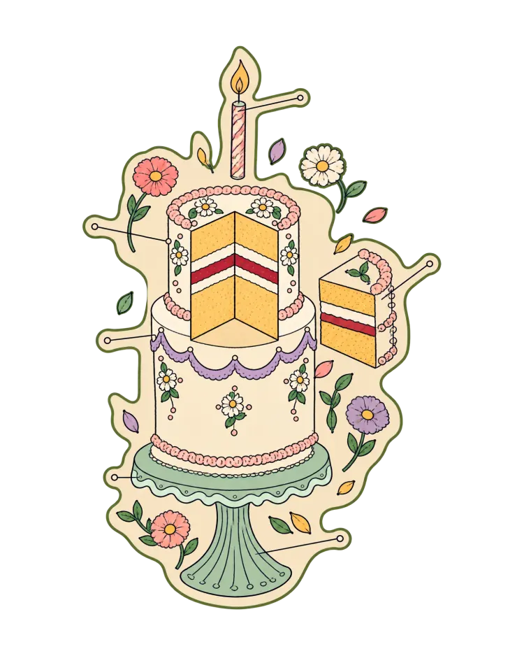 AI-generated cover art: a tiered birthday cake on a green cake stand, one candle lit and a slice pulled out to show its layers, with small flowers and blank label lines around it.