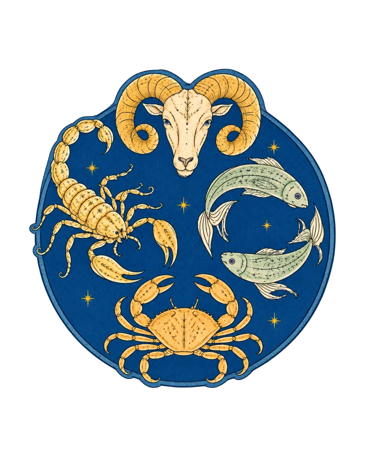 AI-generated cover art: a ram, a scorpion, a crab and two fish drawn in gold on a round field of deep blue night with small stars.