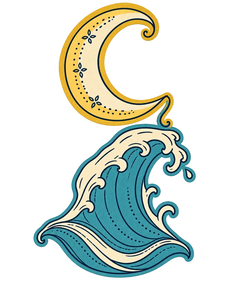 AI-generated cover art: a gold crescent moon with a curling tail, joined by a thread to a blue and cream ocean wave curling up beneath it.